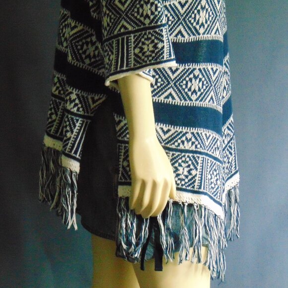 Velvet by Graham & Spencer Navy White Cotton Linen Fringed Open Kimono Jacket M - Picture 5 of 9
